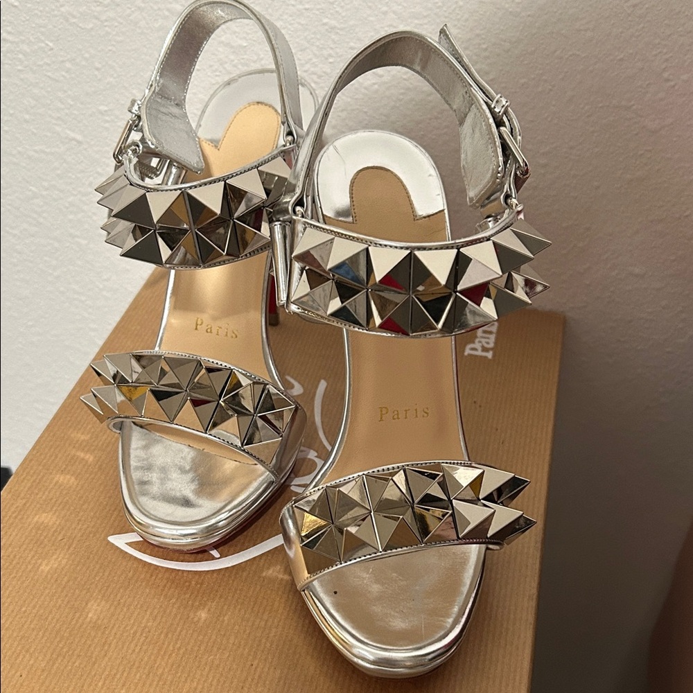 Christian Louboutin Silver Pyramid Studded Heels